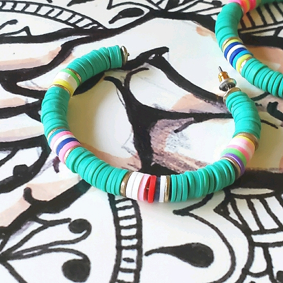 Bohemian Turquoise Hoop Earrings Disk Colors - Picture 4 of 4